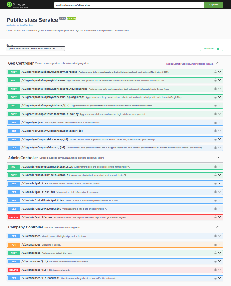 Interfaccia Swagger UI all'OpenAPI del servizio