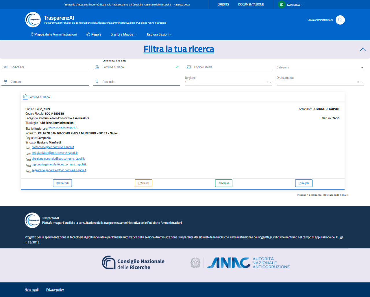 Esempio - ricerca filtro "Denominazione Ente"