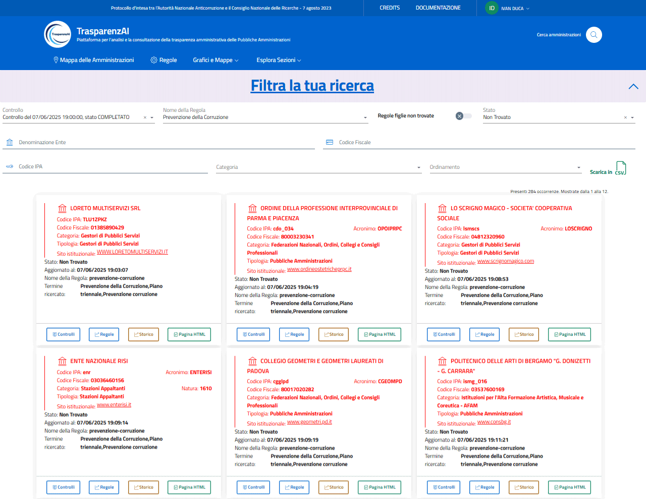 Menù "Esplora Sezioni" - "Prevenzione della corruzione" - stato "non trovato"