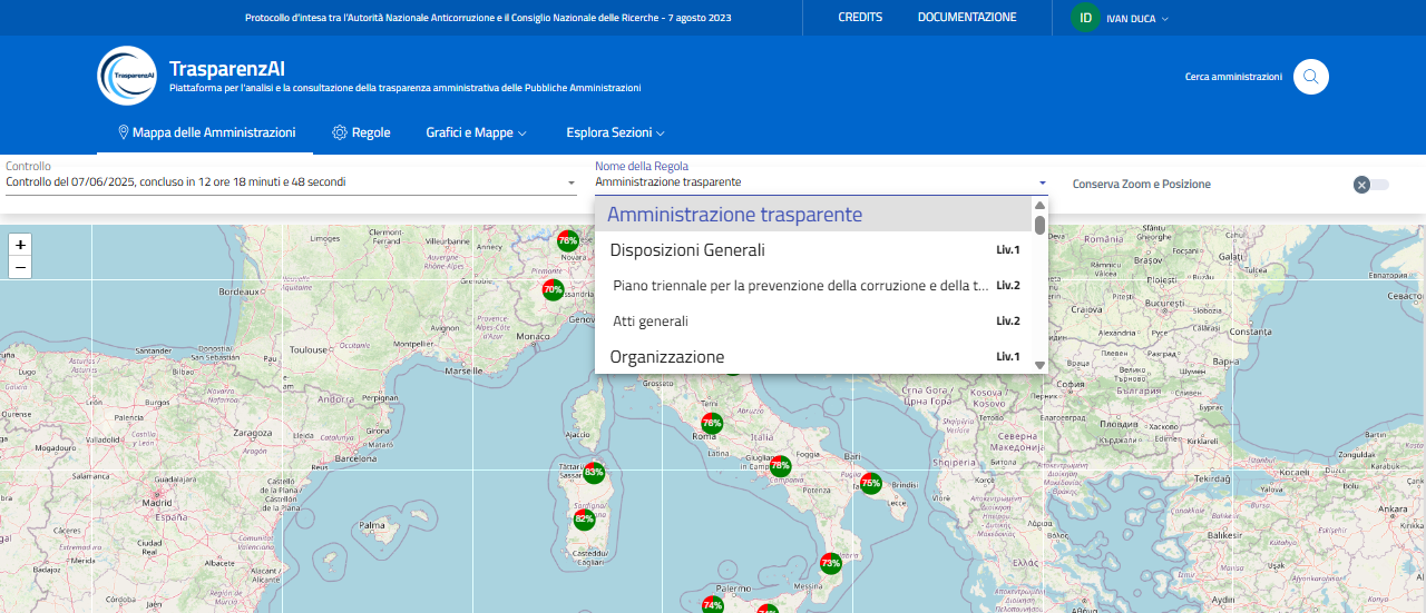 Menù "Mappa per regola" - selezione "Nome della Regola"