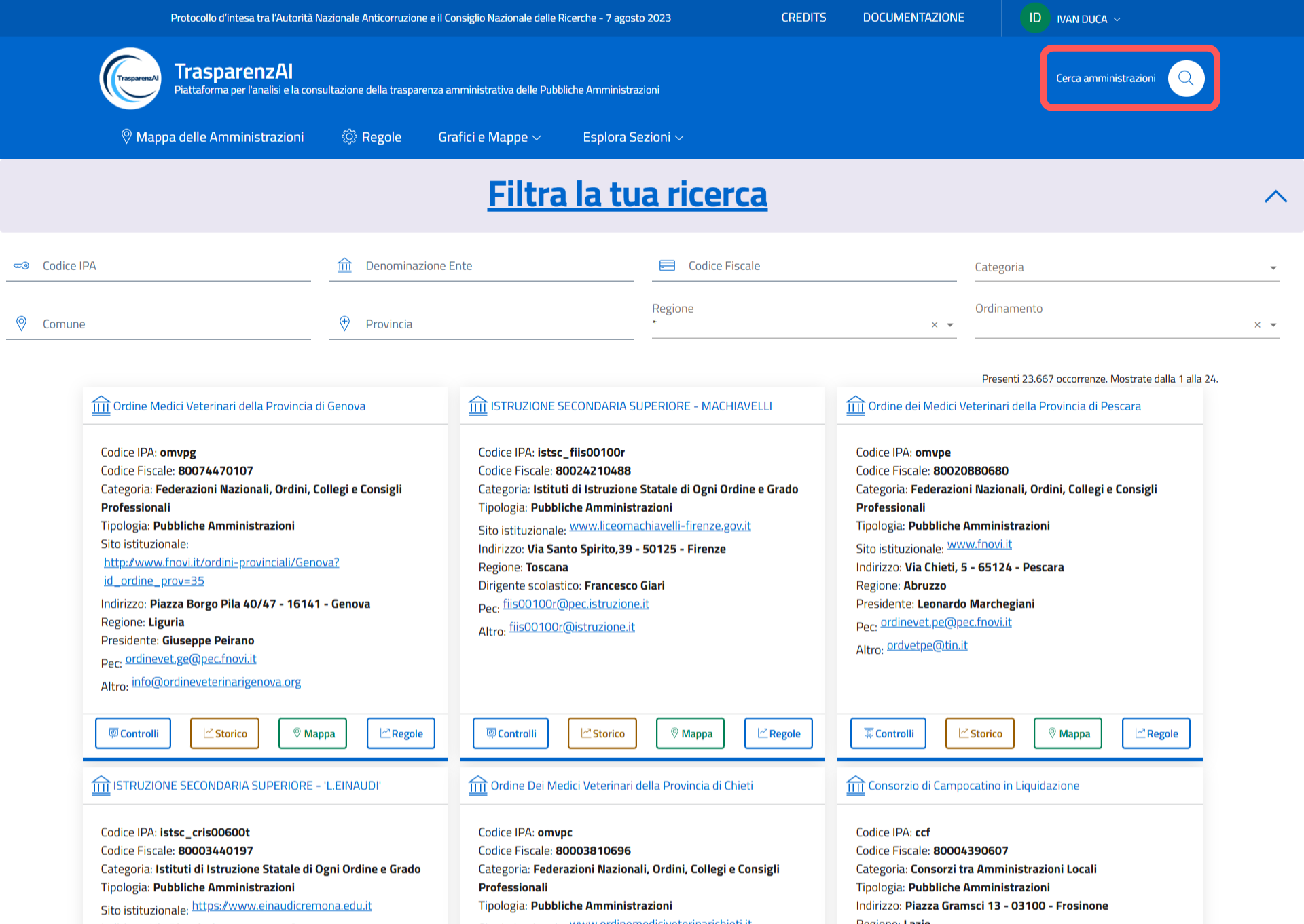 Menu - Cerca Amministrazioni