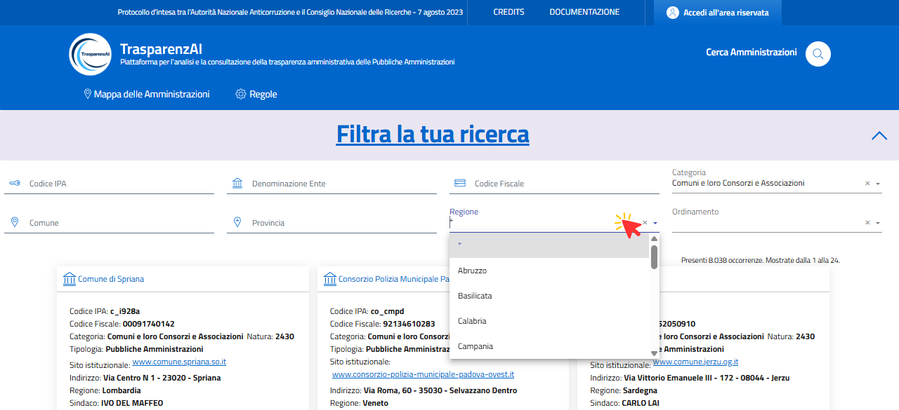 Esempio - ricerca filtro combinato "Categorie e Regione"