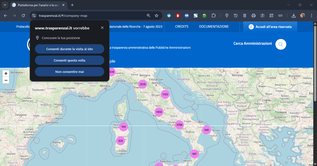 Menù Utente - Mappa delle Amministrazioni autorizzazione posizione